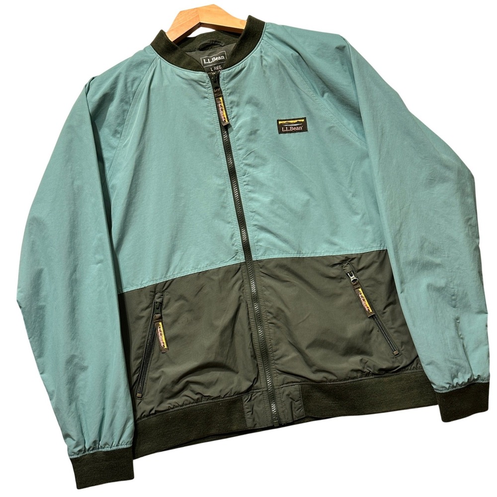 LL Bean Warm-Up Bomber Jacket Womens Large Green Blue Fleece Lined Full Zip